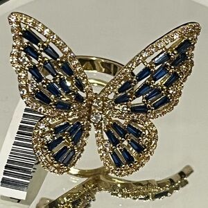 Cobalt Blue Color Cubic Zirconia Butterfly Gold Tone Adjustable Ring (NEW)
